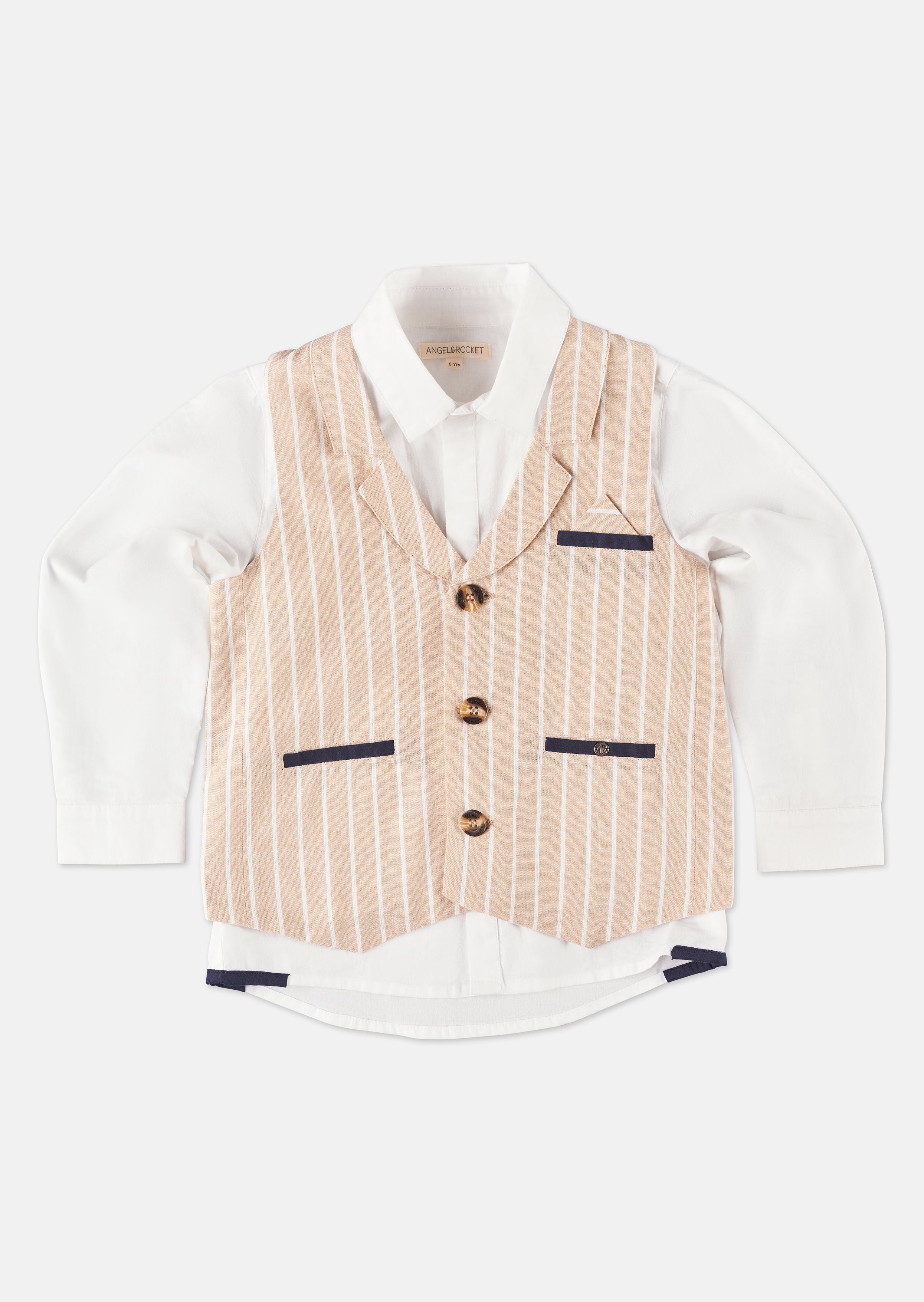 Boys Beige Striped Cotton Waistcoat