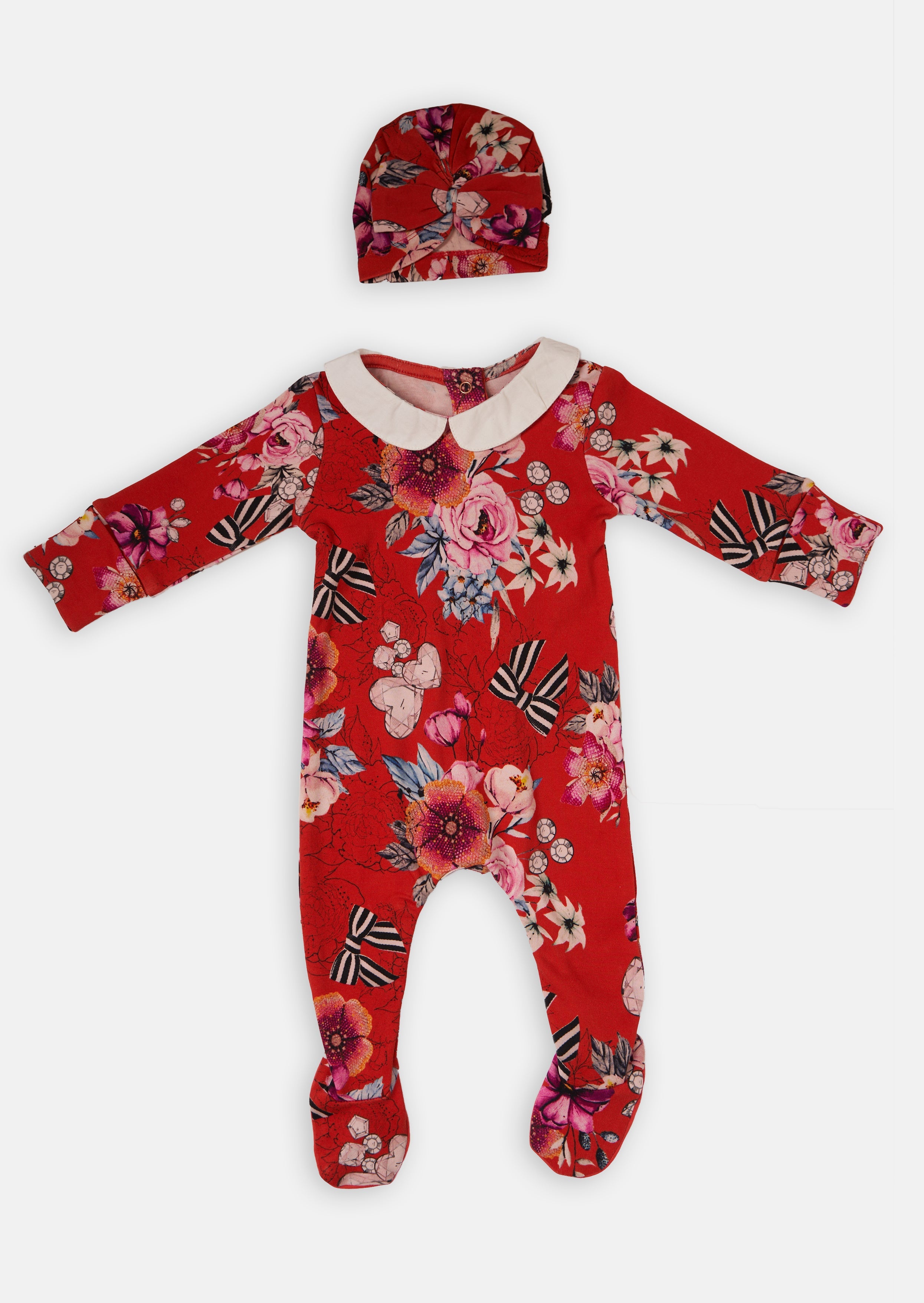 Baby Girl Floral Printed All in One Red Sleepsuit with Hat