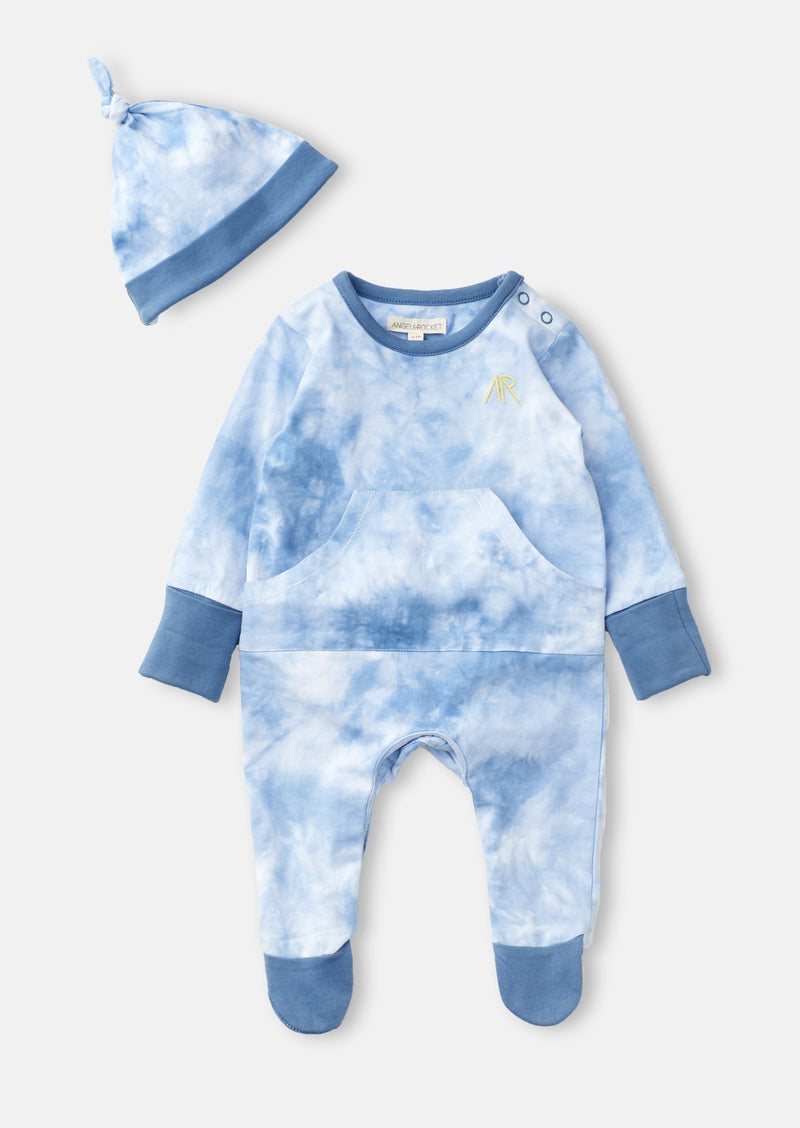 Baby Boy Blue Tie Dye Printed All in One Sleepsuit with Hat