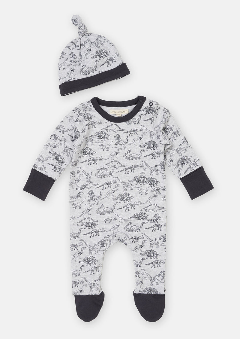 Baby Boy Dinosaur Printed All in One White Sleepsuit with Hat