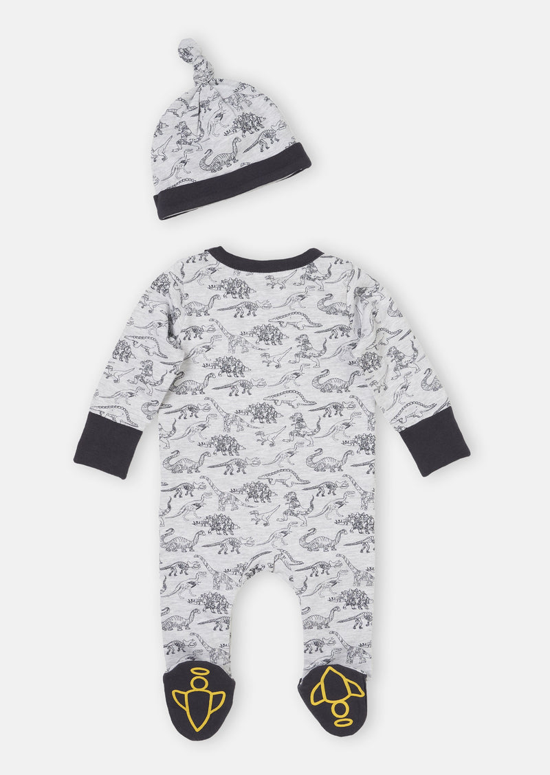 Baby Boy Dinosaur Printed All in One White Sleepsuit with Hat