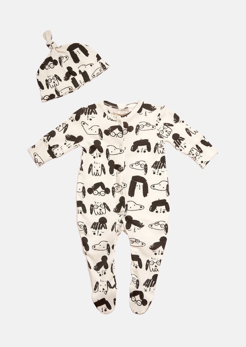 Baby Girl Printed All in One White Sleepsuit with Hat