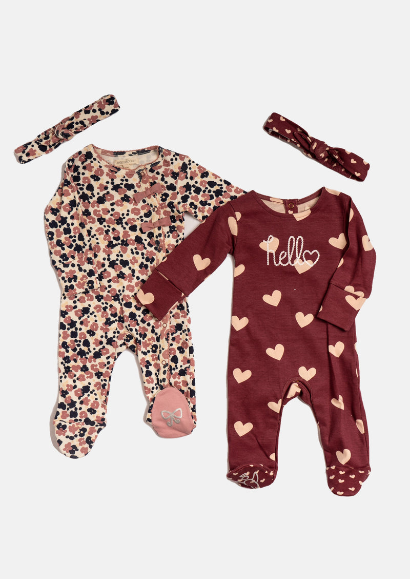 Baby Girl Printed All in One Brown Sleepsuit 2 Pcs Pack