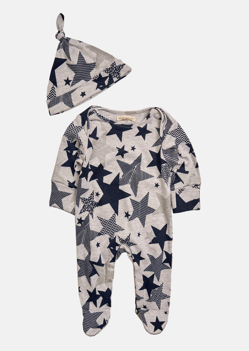 Baby Boy Star Printed All in One Grey Sleepsuit with Hat