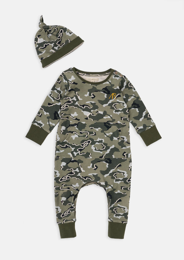 Baby Boy Camo Printed All in One Green Sleepsuit with Hat