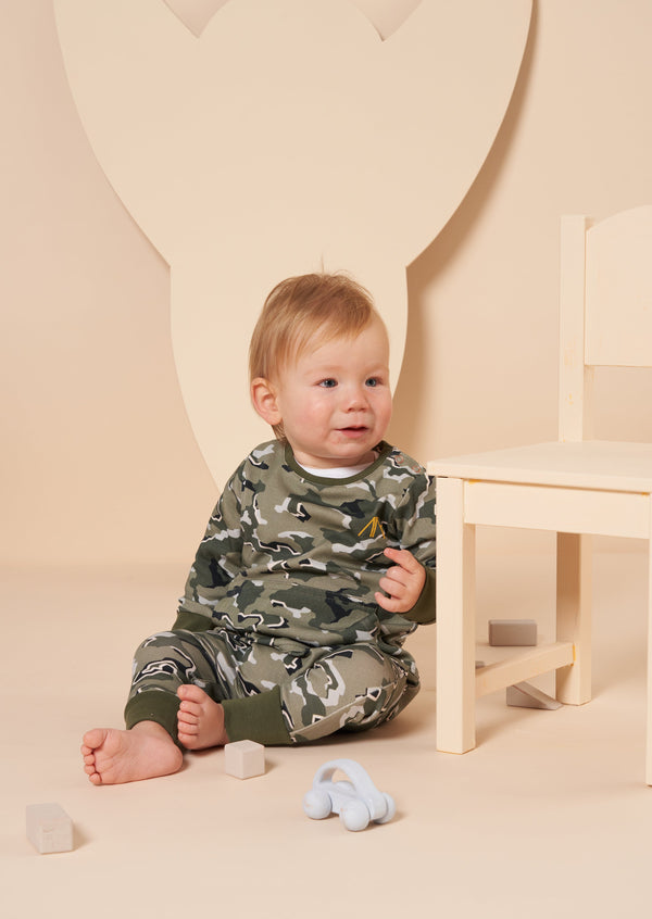 Baby Boy Camo Printed All in One Green Sleepsuit with Hat
