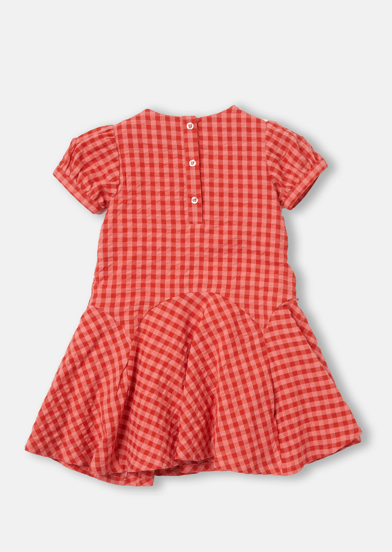 Baby Girl Checked Cotton Pink Skater Dress with Puff Sleeves