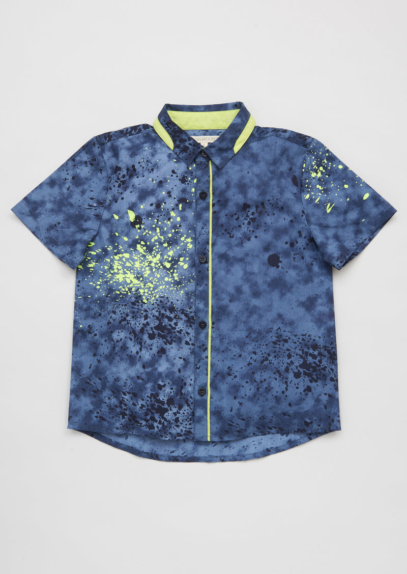Boys Paint Splat Printed Half Sleeve Blue Shirt
