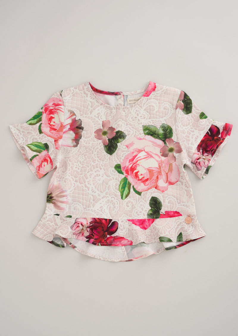 Girls Floral Printed Pink Top with Frill Sleeves