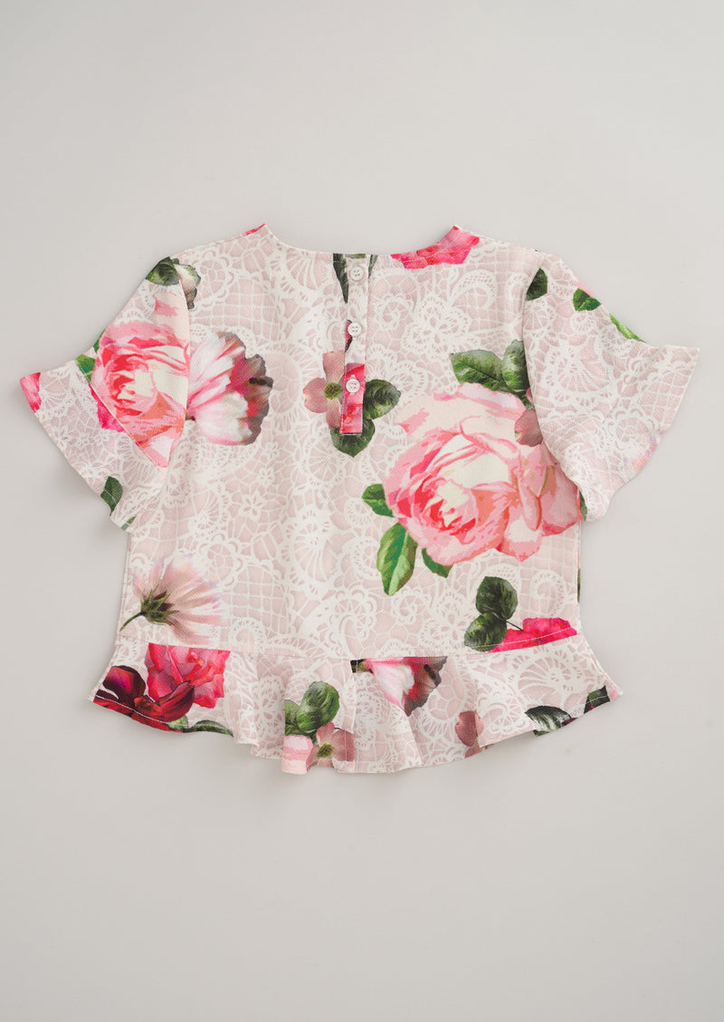 Girls Floral Printed Pink Top with Frill Sleeves