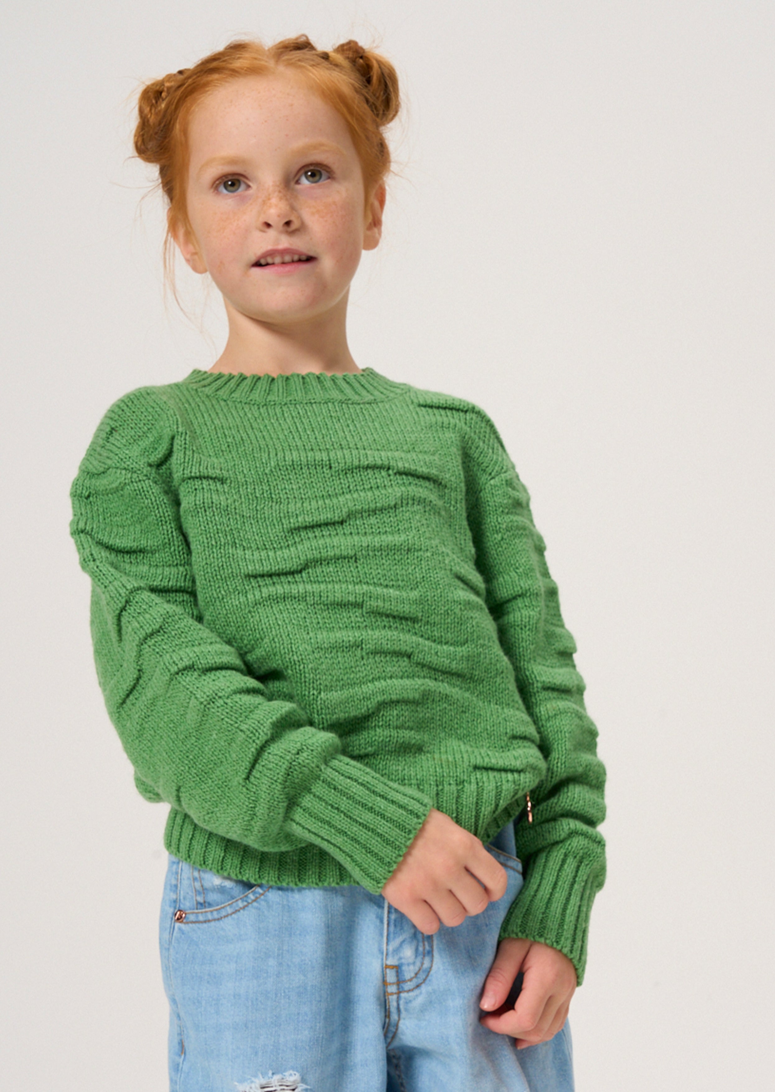 Girls Textured Green Knits Sweater