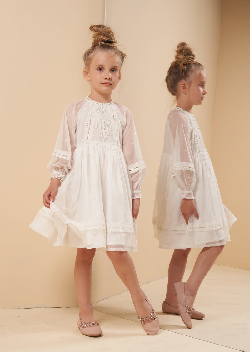 Girls Floral Embroidered Ivory Dress