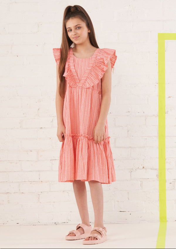 Girls Striped Cotton Coral Pink Ruffle Dresses