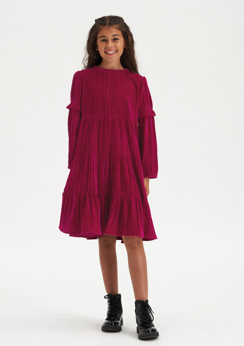 Girls Pink Velvet Tiered Premium Dress