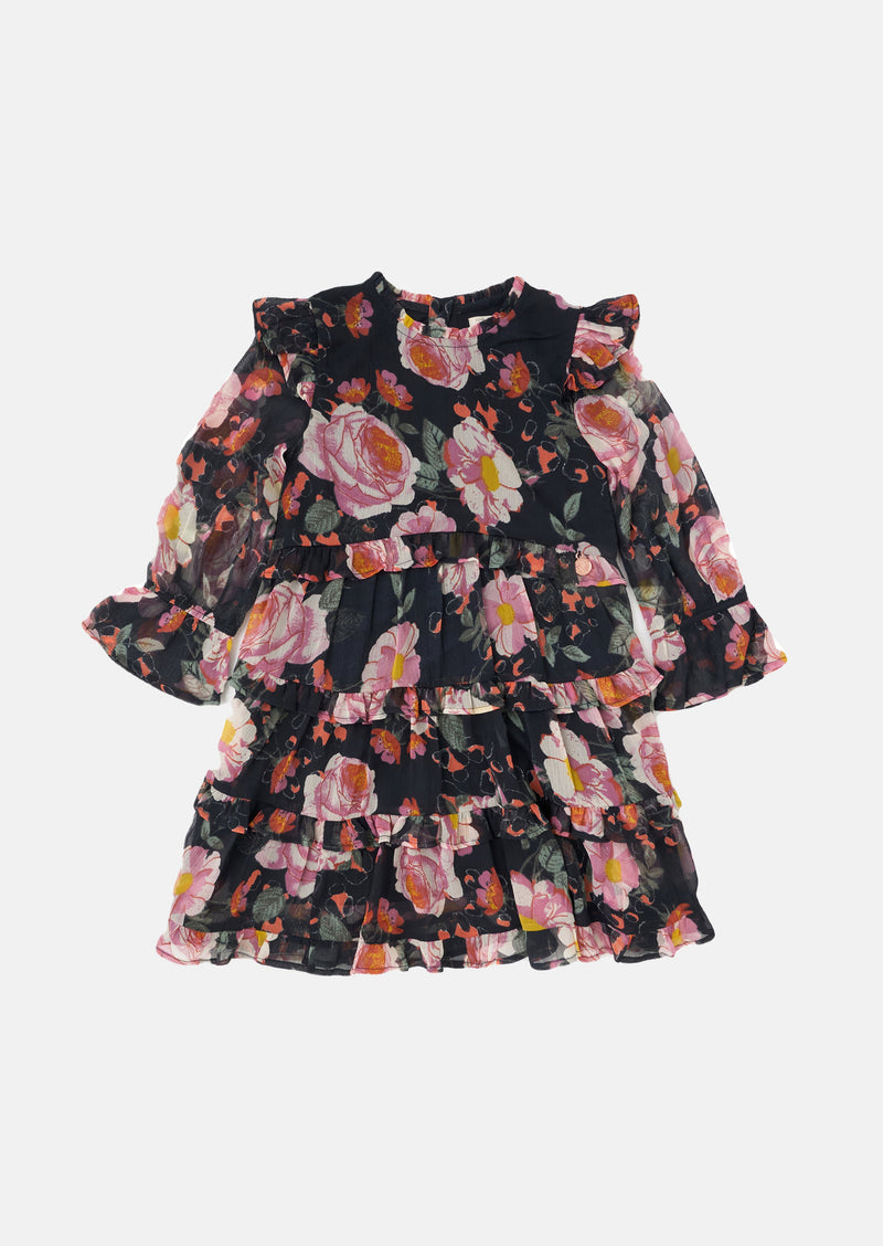 Girls Floral Printed Woven Navy Dress
