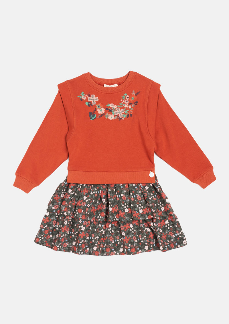 Girls Floral Print and Embroidered Brown Sweat Dress