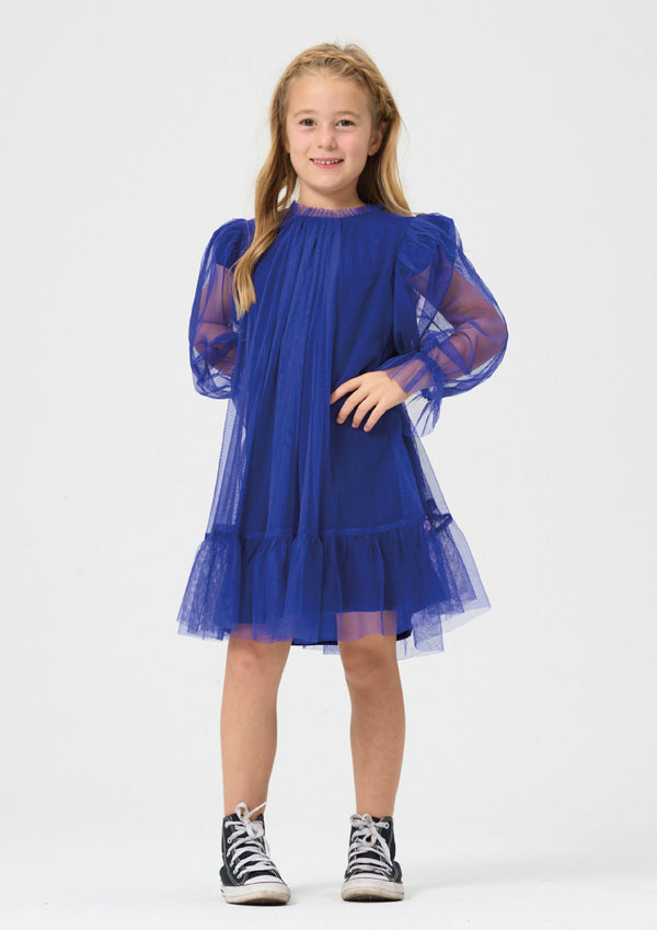 Girls Blue Mesh Layer Premium Dress