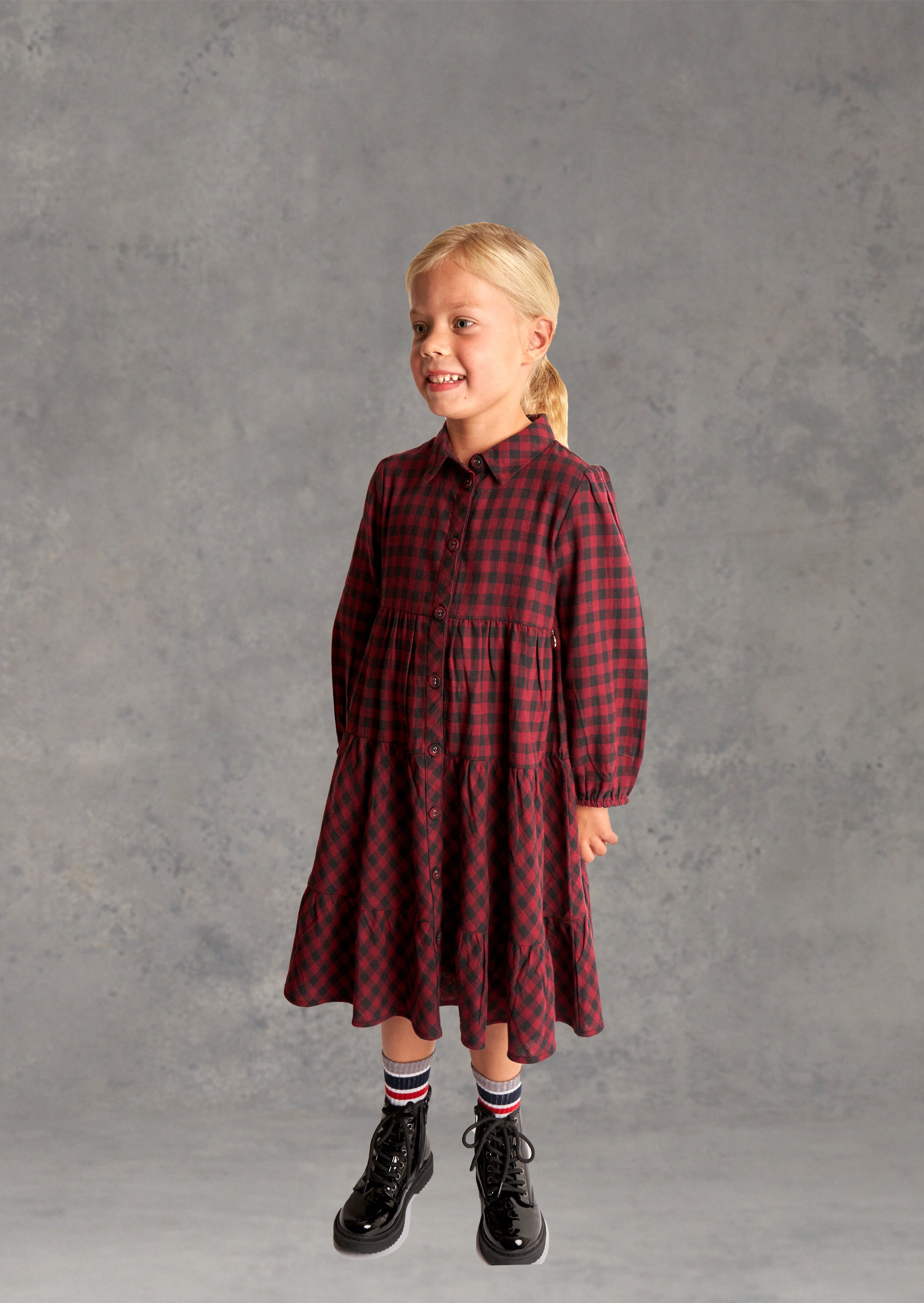 Girls Red and Black Checked Shirt Dress