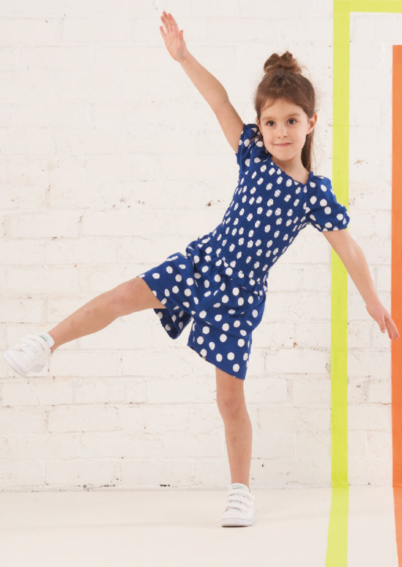 Girls Blue Spot Printed Playsuit with Puff Sleeves